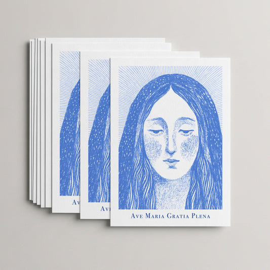 Blue Virgin Mary card set, stack of 10 flat 5 × 7 cards