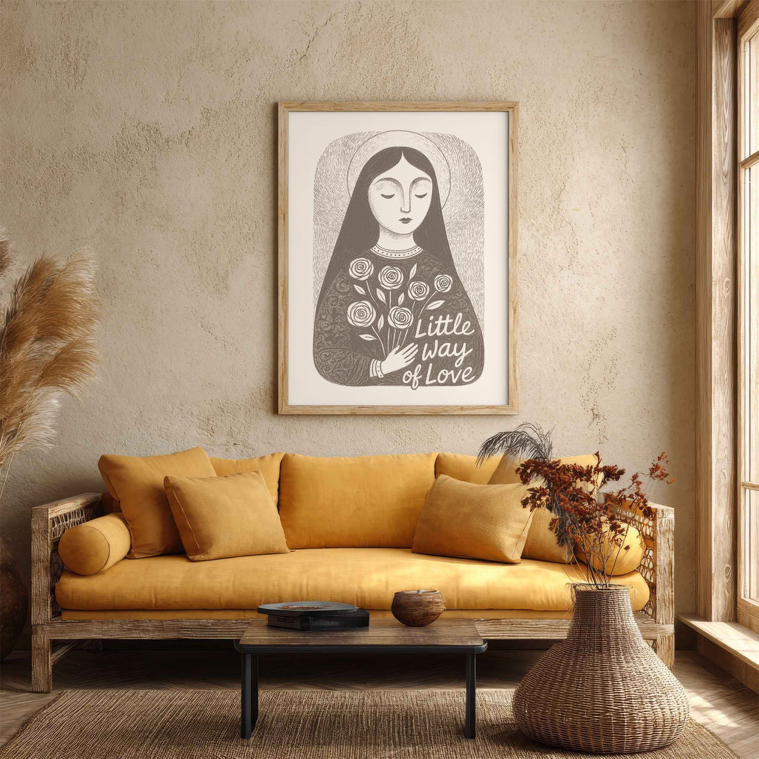 Brown St. Thérèse of Lisieux print above a yellow sofa.
