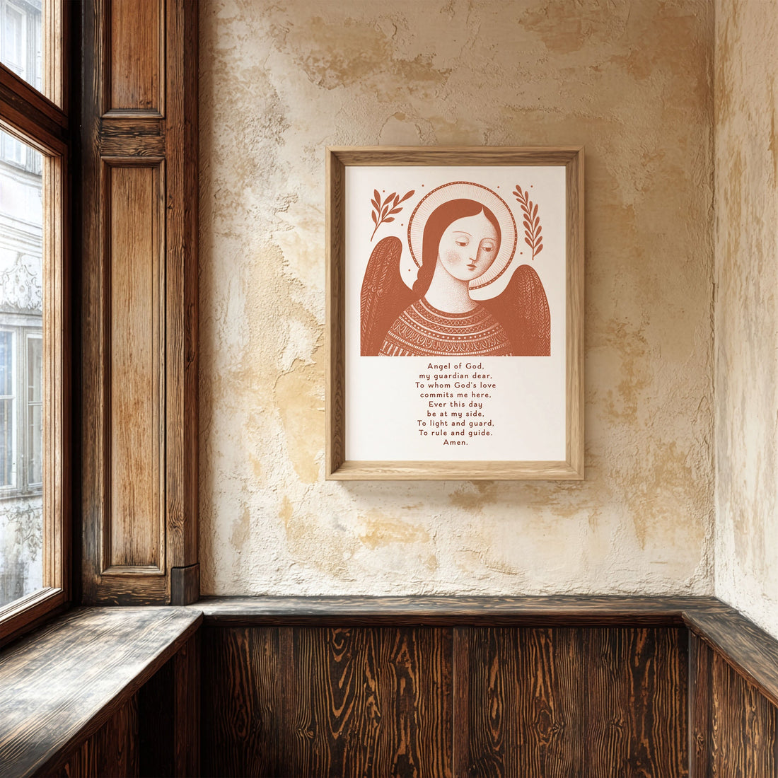 Terracotta Guardian Angel art print displayed on a warm, softly lit wall