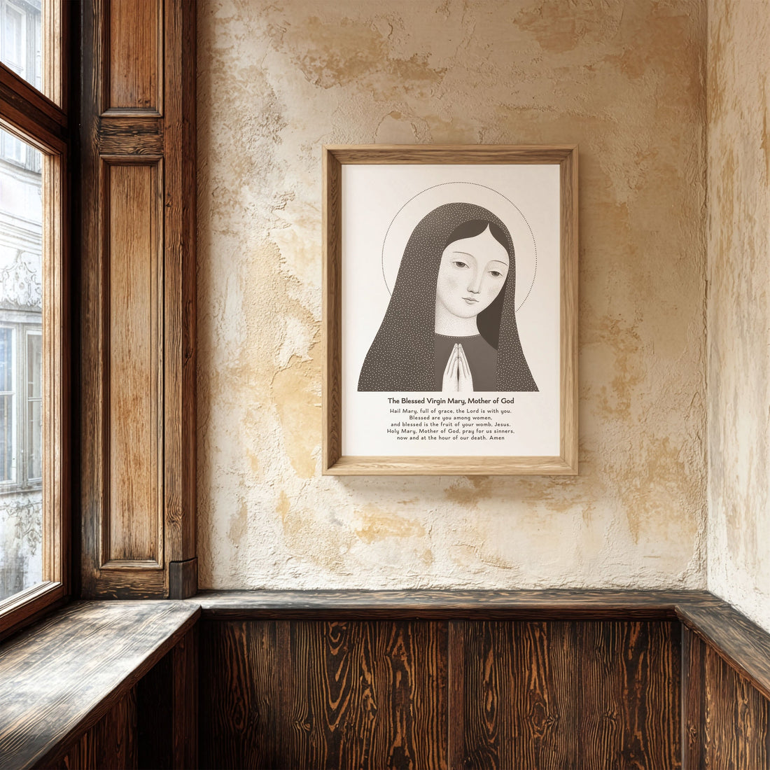 Brown Virgin Mary prayer art print displayed on a warm textured wall