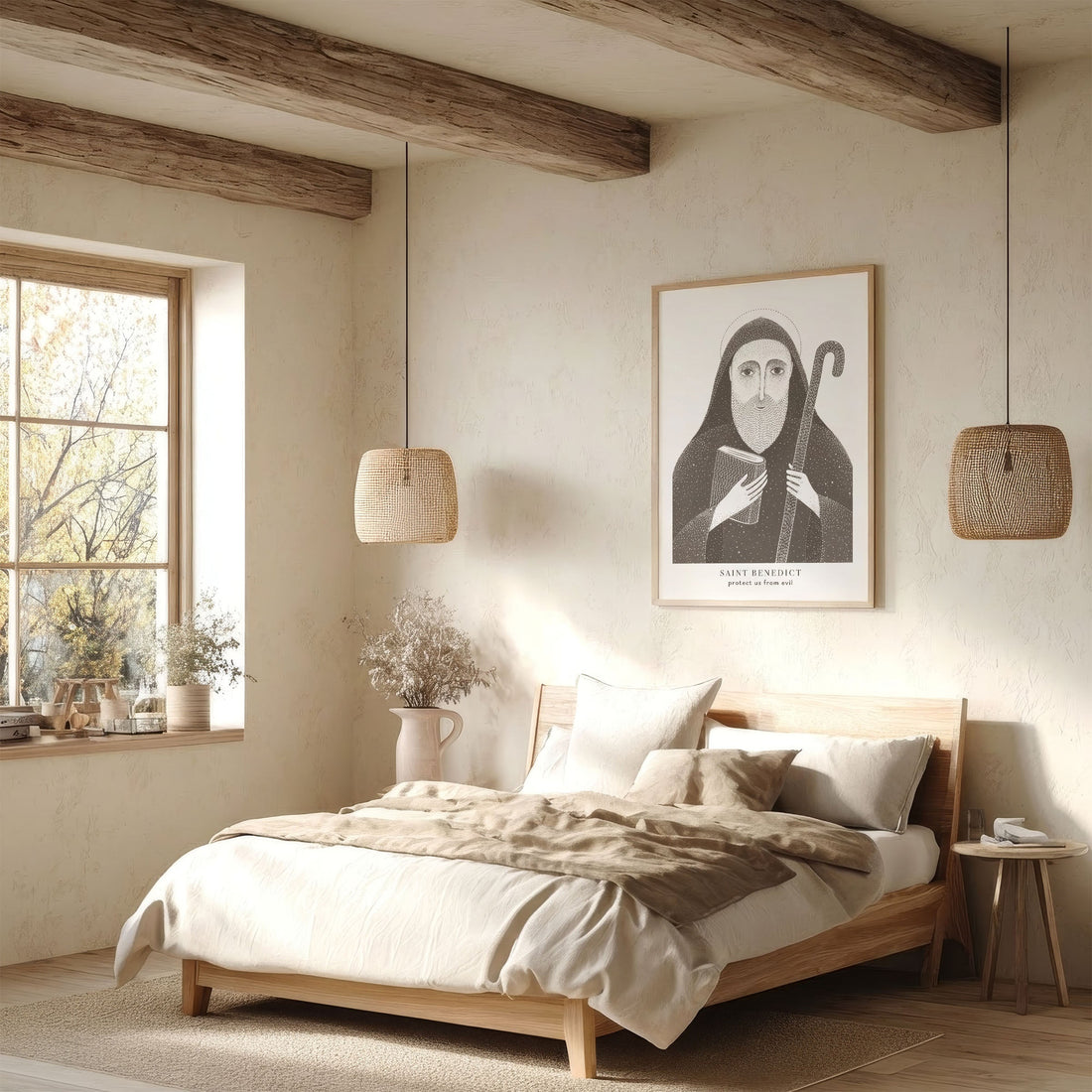 Black St. Benedict art print displayed in a calm, light-filled bedroom