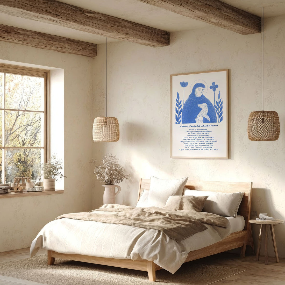 Blue St. Francis with Dog prayer print in a bedroom with woven pendant lamps.