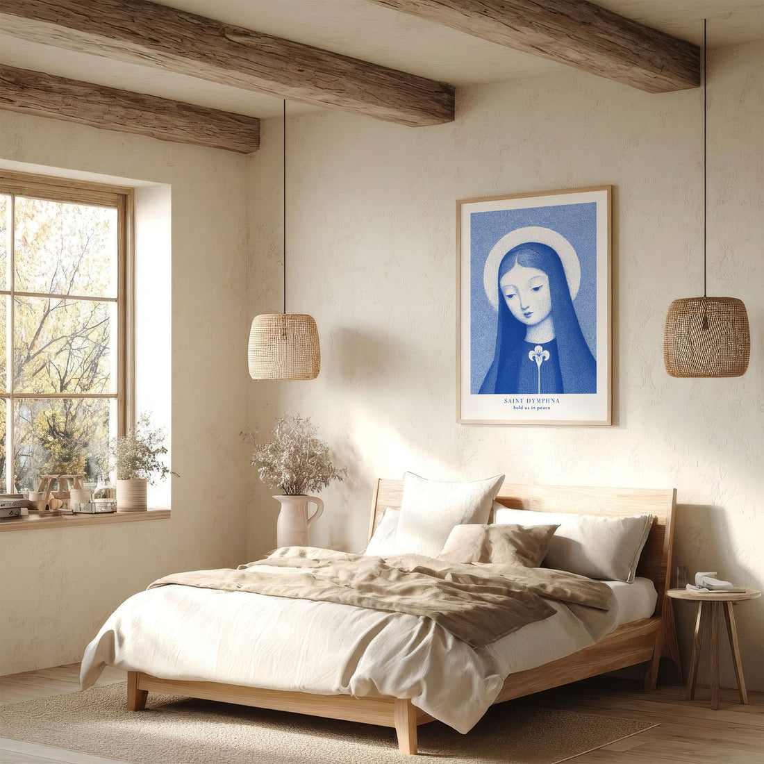 Blue St. Dymphna art print displayed above a bed in a calm Scandinavian bedroom