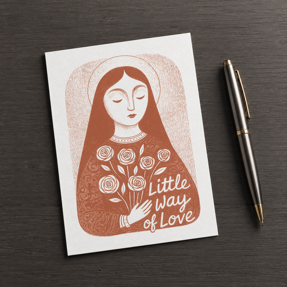 Terracotta St. Thérèse of Lisieux card, front illustration with square corners