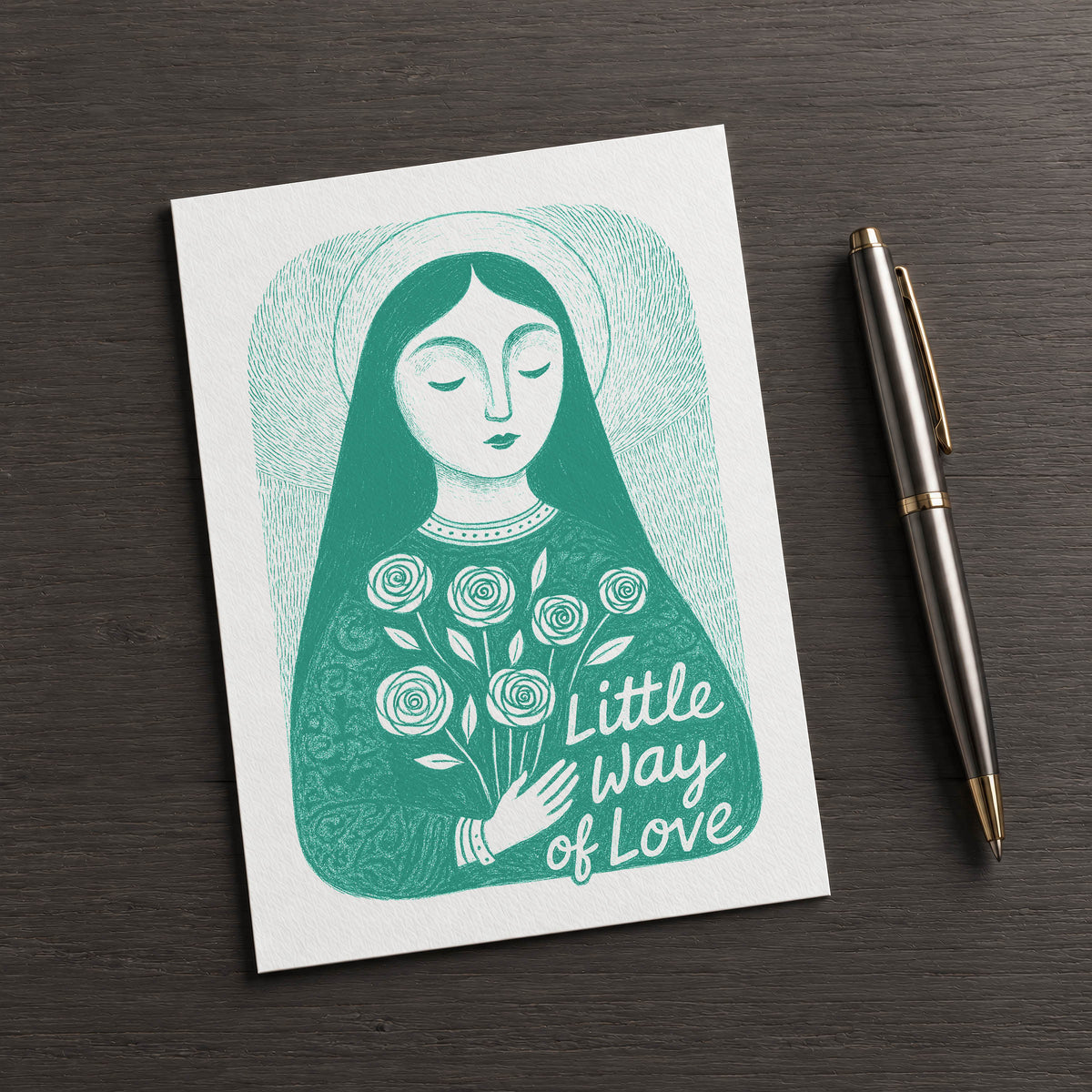 Teal St. Thérèse of Lisieux card, front illustration with square corners