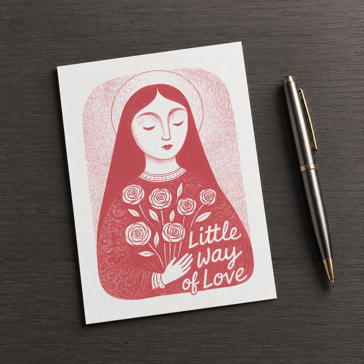 Red St. Thérèse of Lisieux card, front illustration with square corners