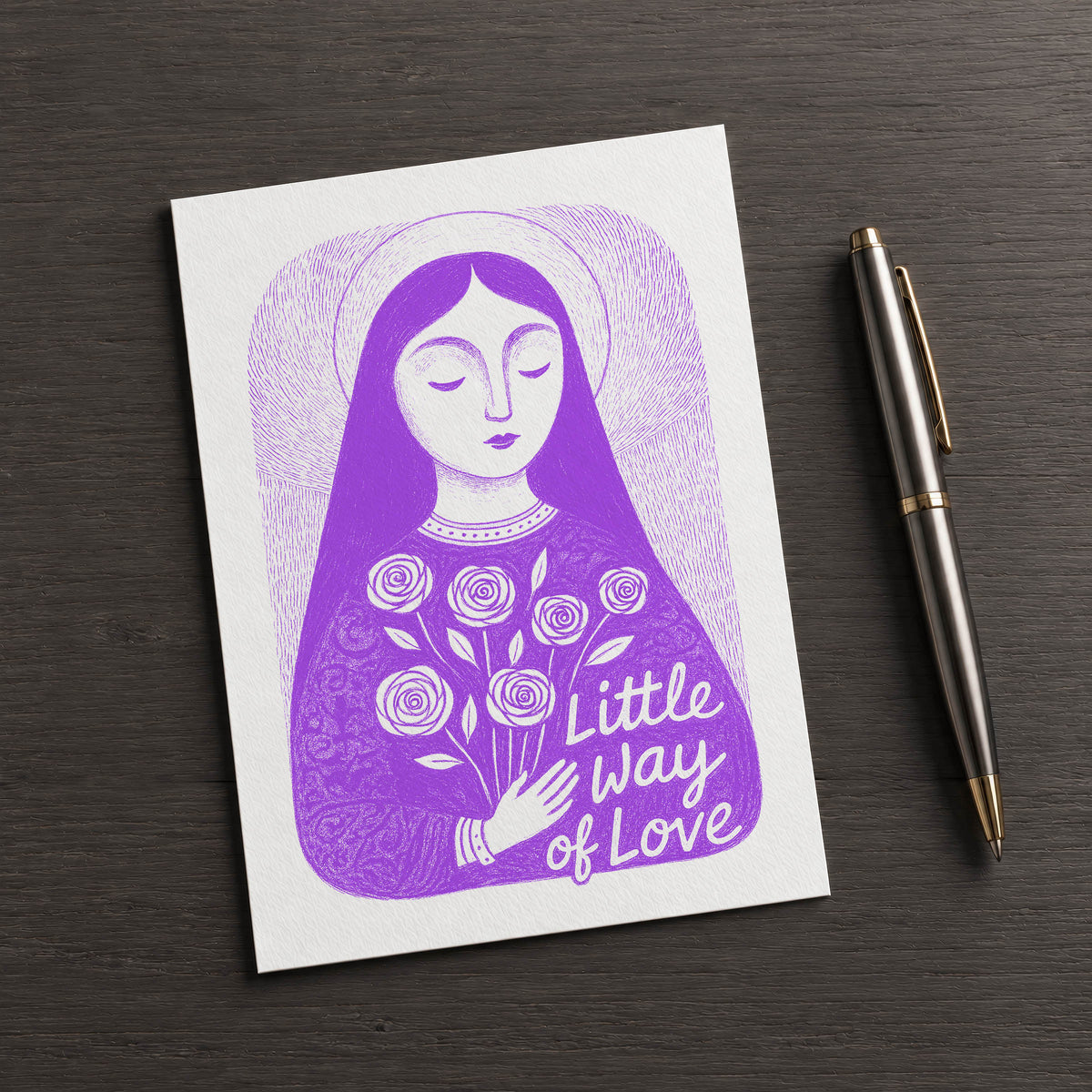 Purple St. Thérèse of Lisieux card, front illustration with square corners