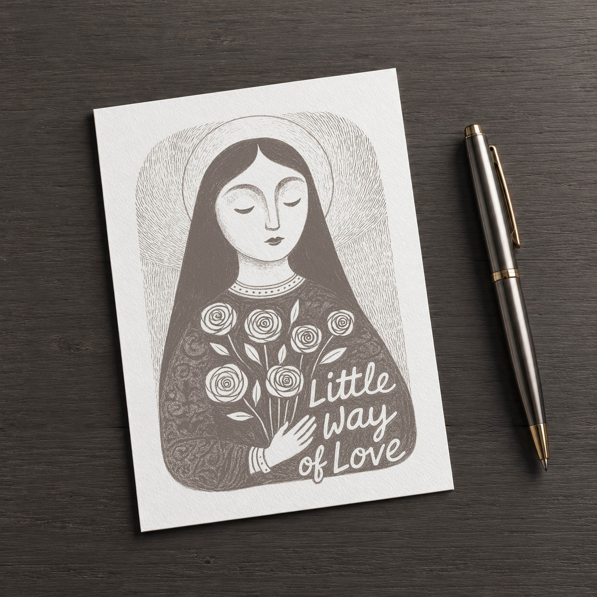 Brown St. Thérèse of Lisieux card, front illustration with square corners