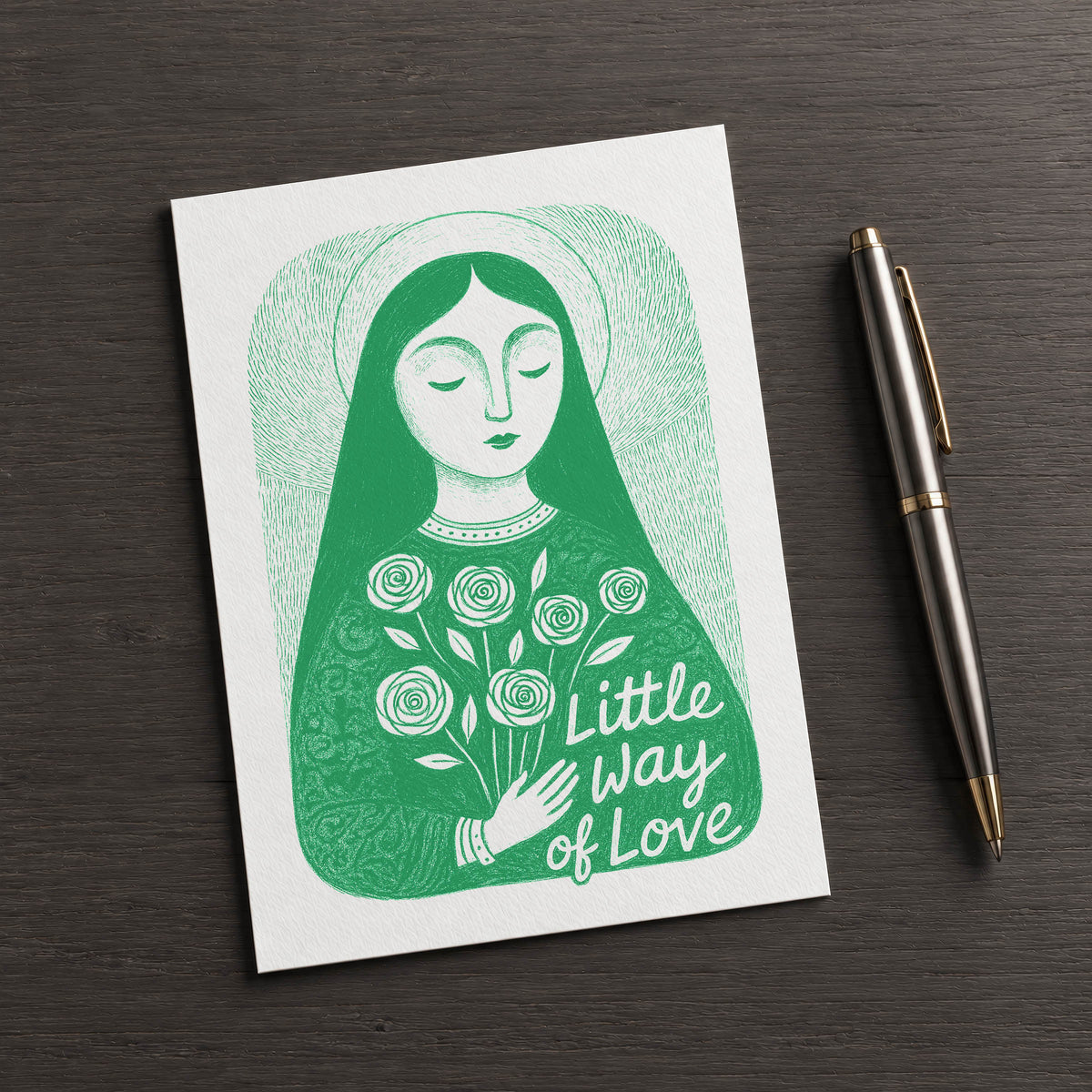 Green St. Thérèse of Lisieux card, front illustration with square corners