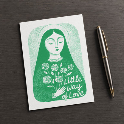 Green St. Thérèse of Lisieux card, front illustration with square corners