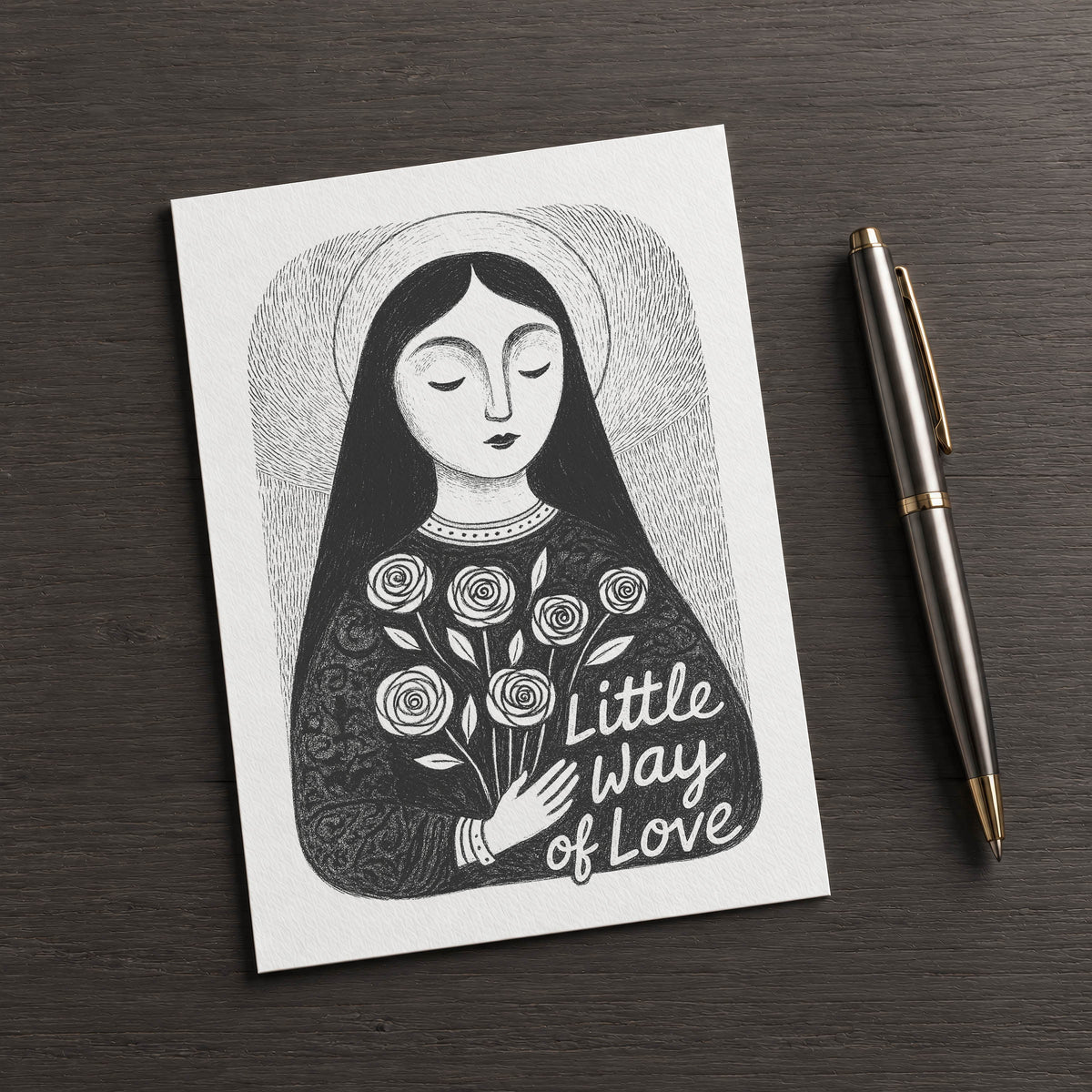 Black St. Thérèse of Lisieux card, front illustration with square corners