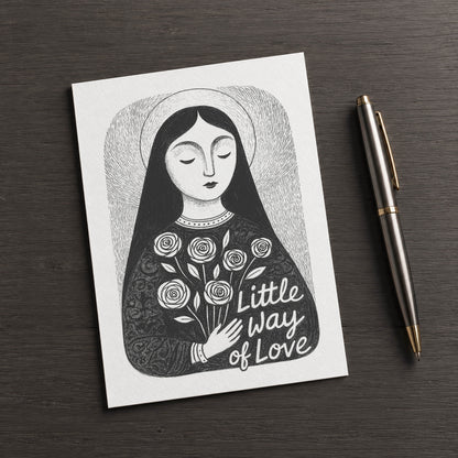 Black St. Thérèse of Lisieux card, front illustration with square corners