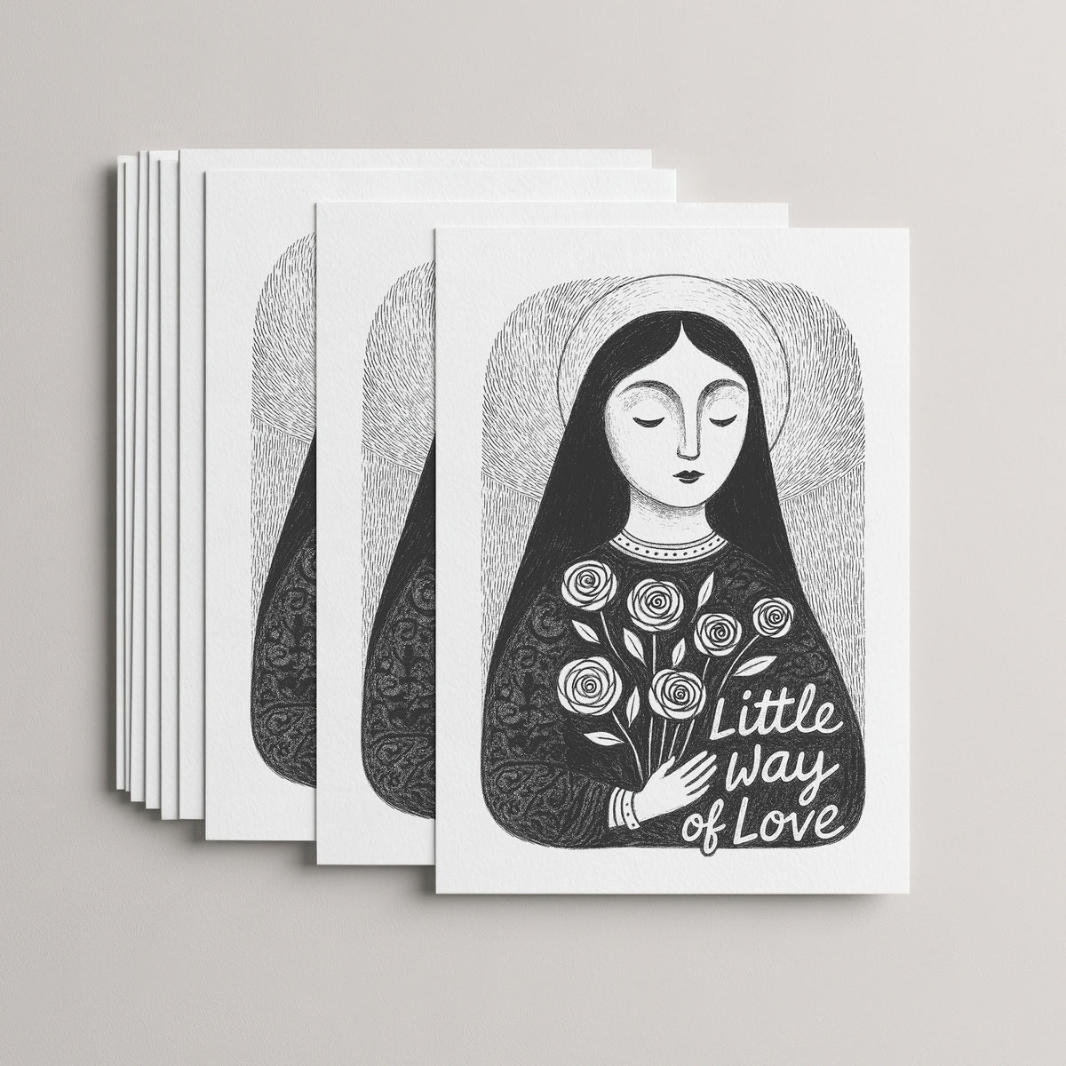 Black St. Thérèse of Lisieux card set, 10 flat 5 × 7 cards