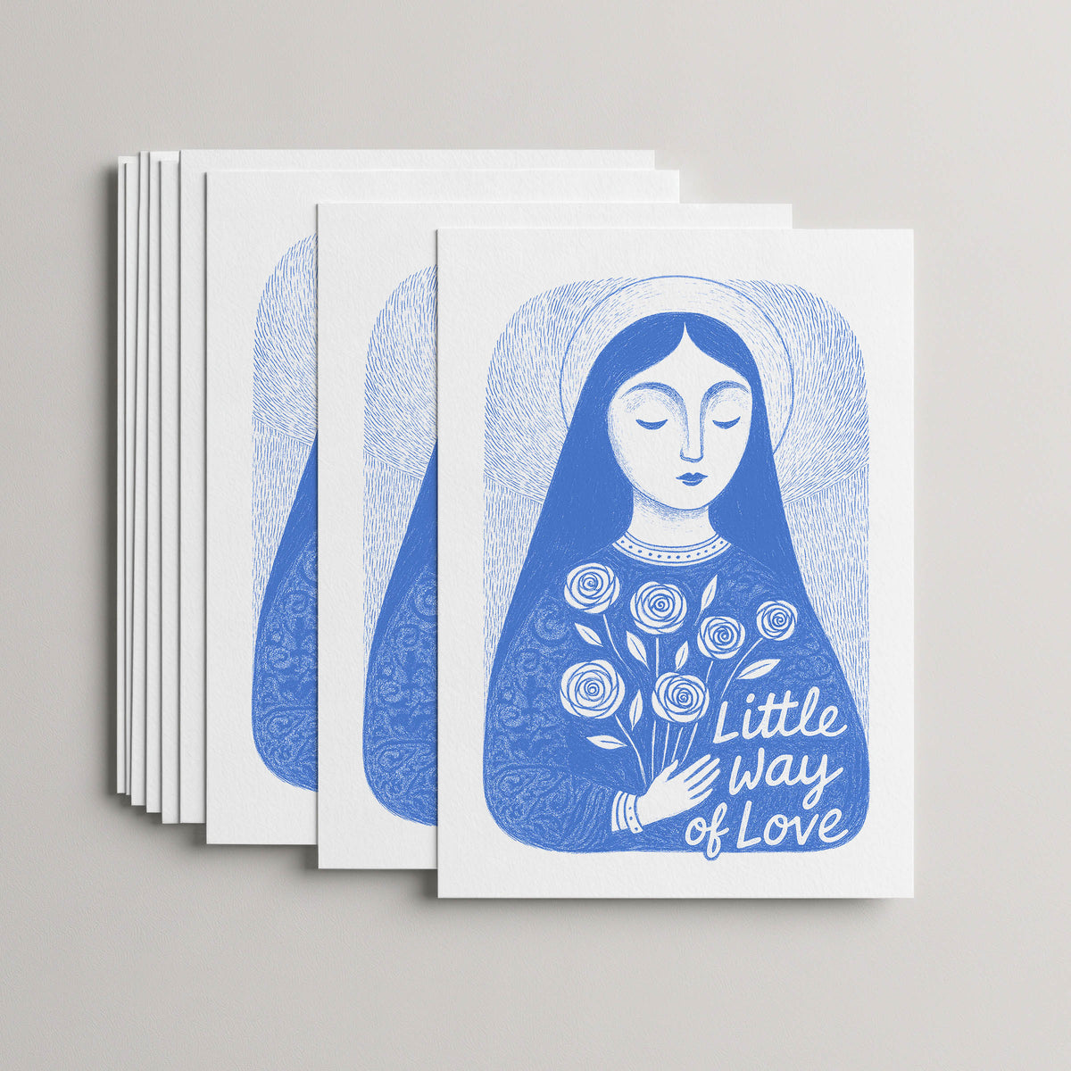 Blue St. Thérèse of Lisieux card set, 10 flat 5 × 7 cards