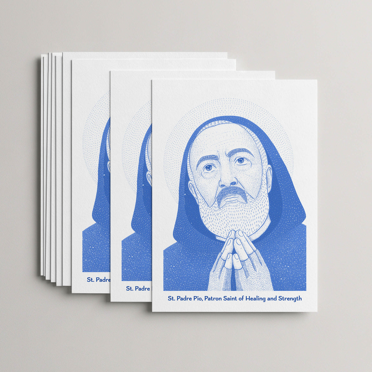 Blue St Padre Pio card set, stack of 10 flat 5 × 7 cards