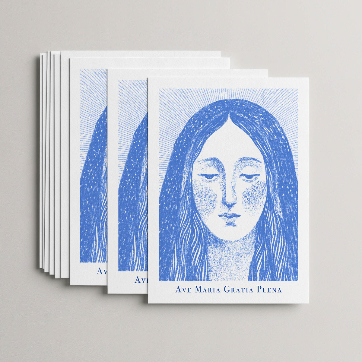 Blue Virgin Mary card set, stack of 10 flat 5 × 7 cards