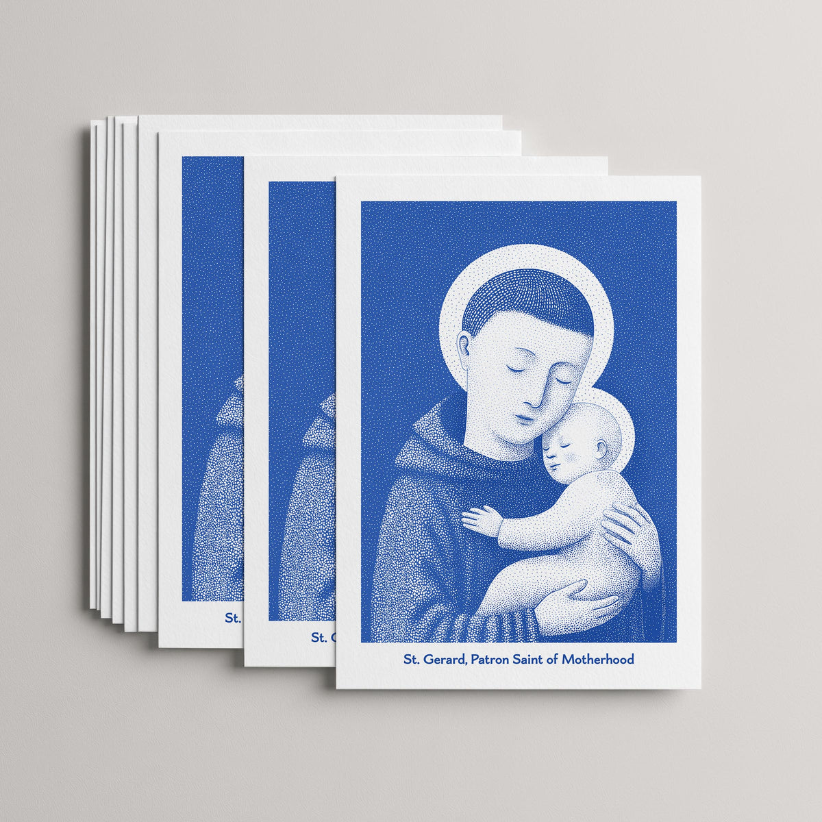 Blue St Gerard Majella card set, stack of 10 flat 5 × 7 cards