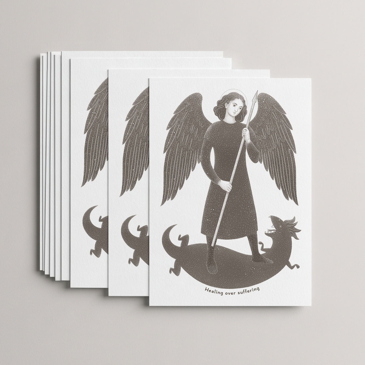 Brown St Raphael the Archangel card set, stack of 10 flat 5 × 7 cards
