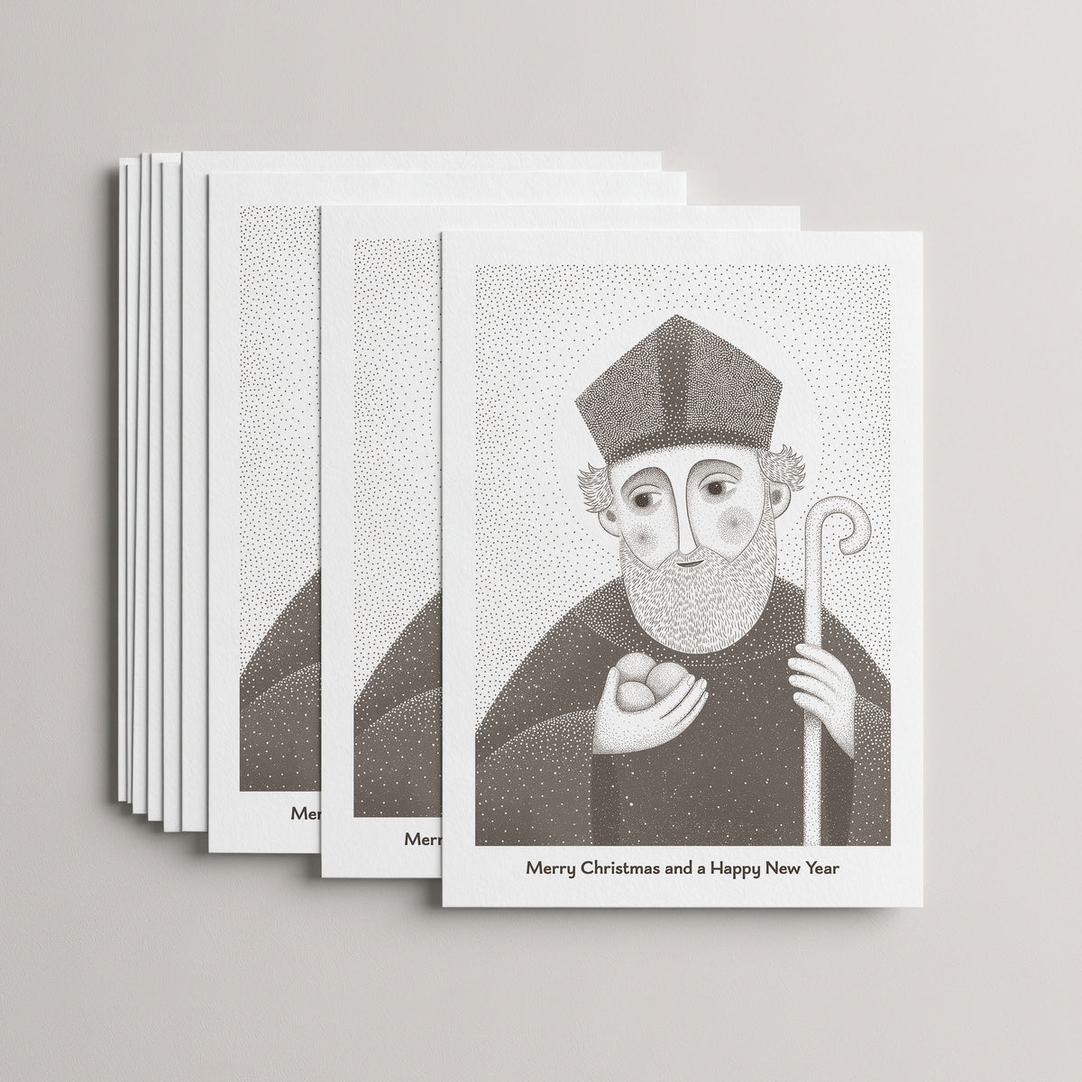 Brown St Nicholas of Myra Christmas card set, stack of 10 flat 5 × 7 cards