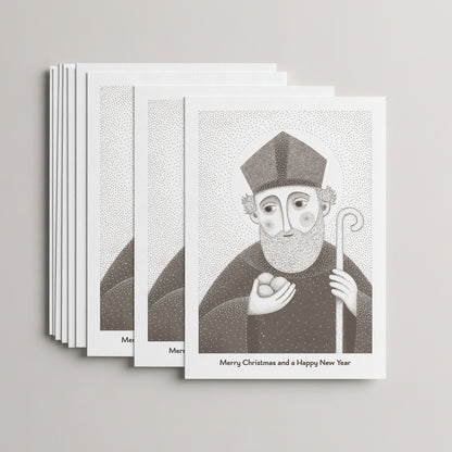 Brown St Nicholas of Myra Christmas card set, stack of 10 flat 5 × 7 cards
