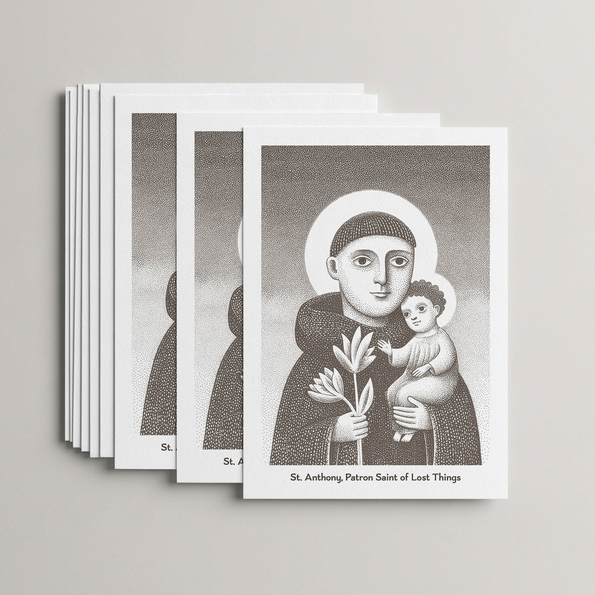 Brown St Anthony card set, stack of 10 flat 5 × 7 cards with the Child Jesus