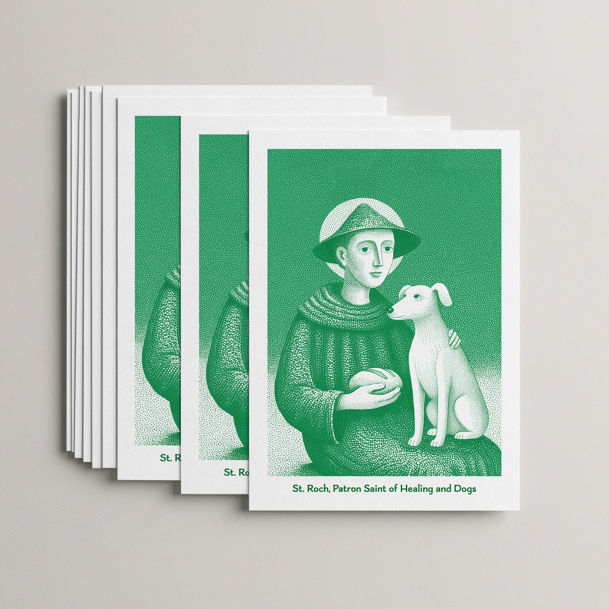 Green St Roch card set, stack of 10 flat 5 × 7 cards