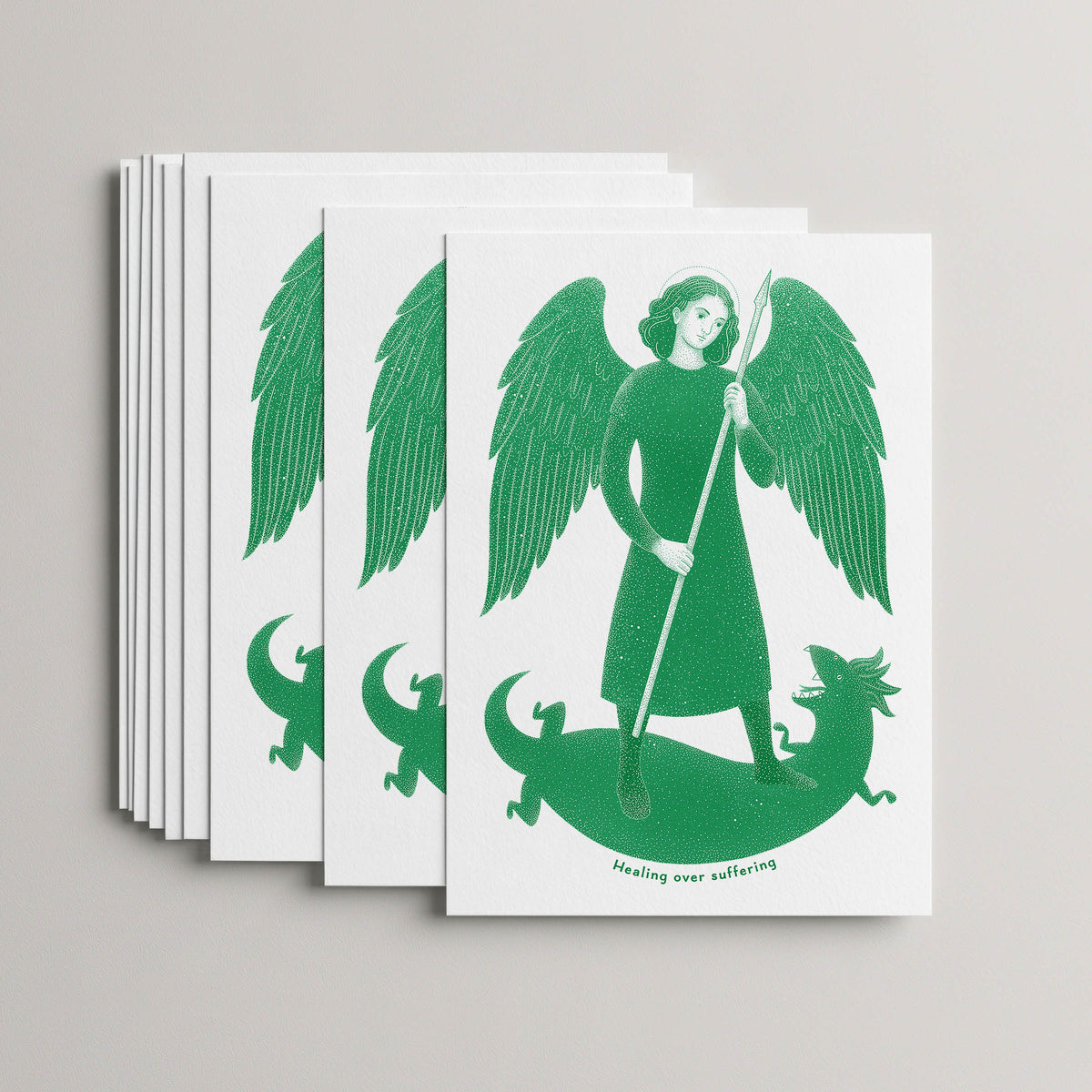 Green St Raphael the Archangel card set, stack of 10 flat 5 × 7 cards