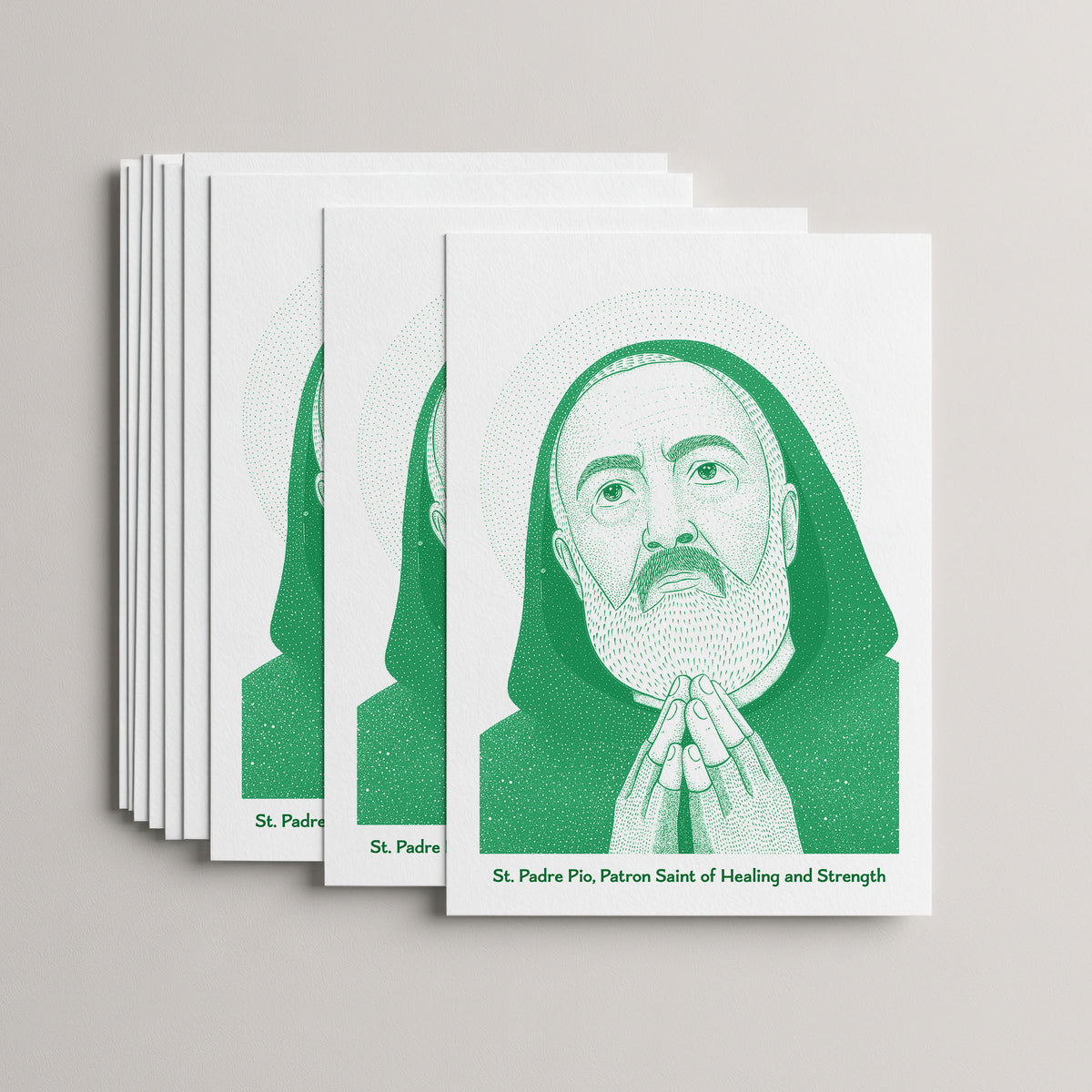 Green St Padre Pio card set, stack of 10 flat 5 × 7 cards