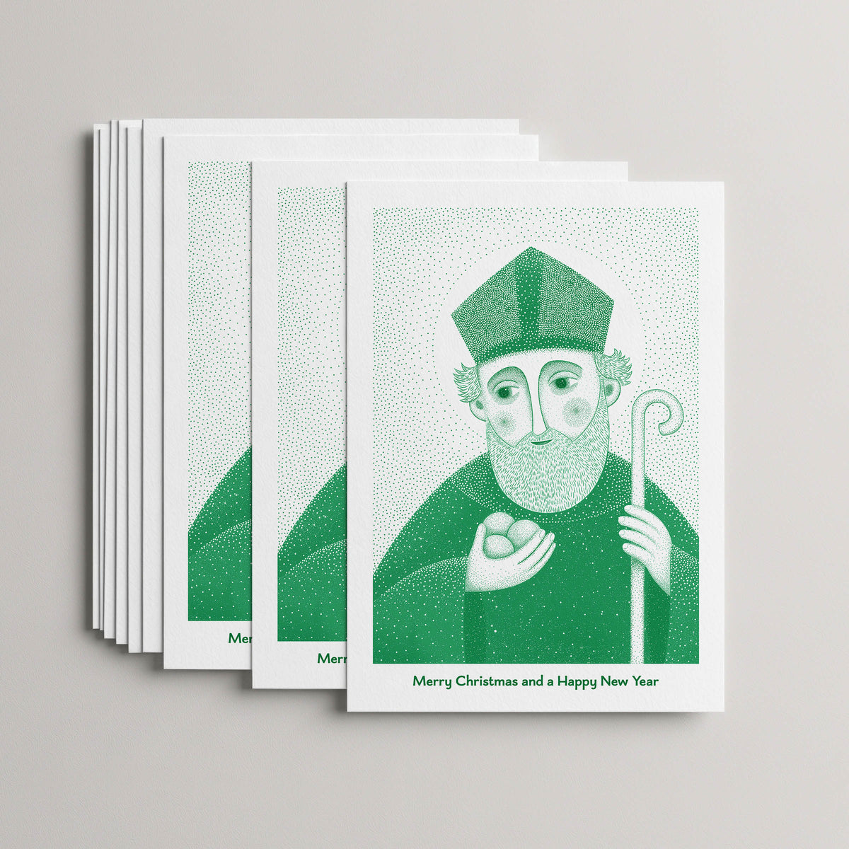 Green St Nicholas of Myra Christmas card set, stack of 10 flat 5 × 7 cards