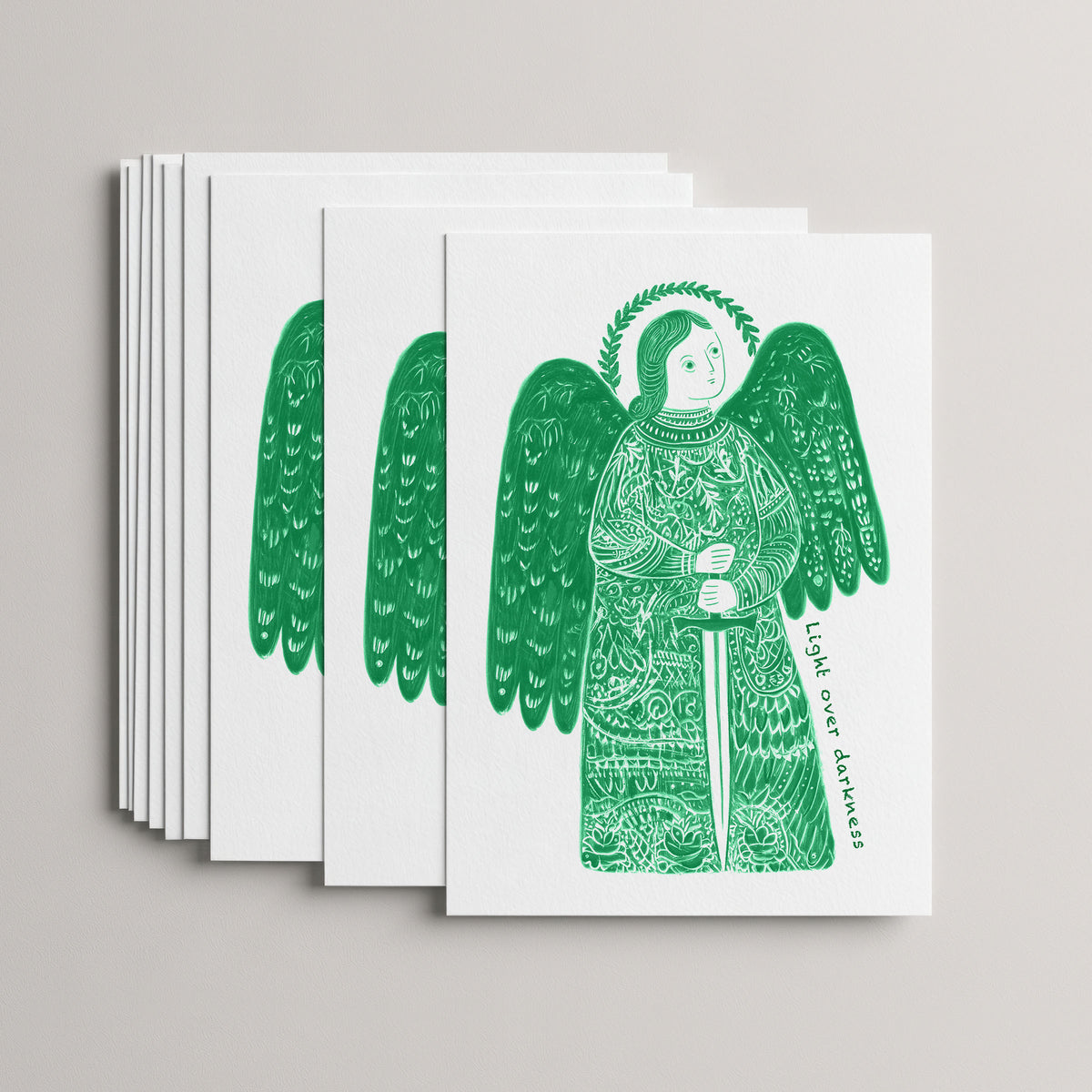 Green St Michael the Archangel card set, stack of 10 flat 5 × 7 cards