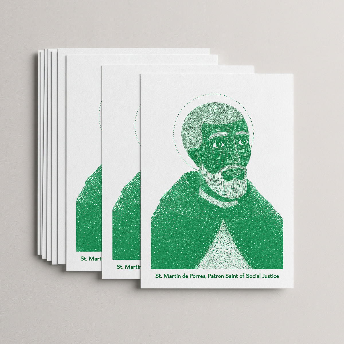 Green St Martin de Porres card set, stack of 10 flat 5 × 7 cards