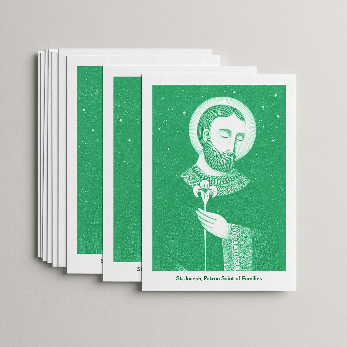 Green St Joseph card set, stack of 10 flat 5 × 7 cards