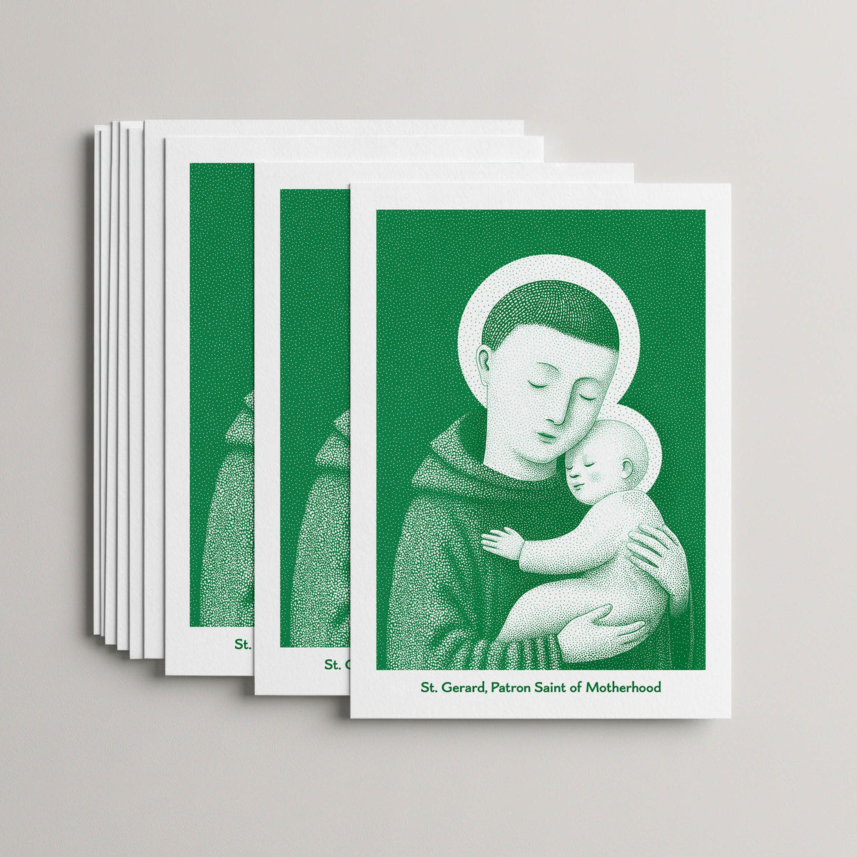 Green St Gerard Majella card set, stack of 10 flat 5 × 7 cards
