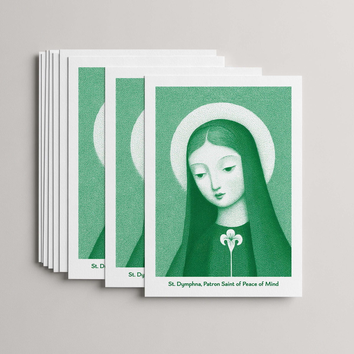 Green St Dymphna card set, stack of 10 flat 5 × 7 cards