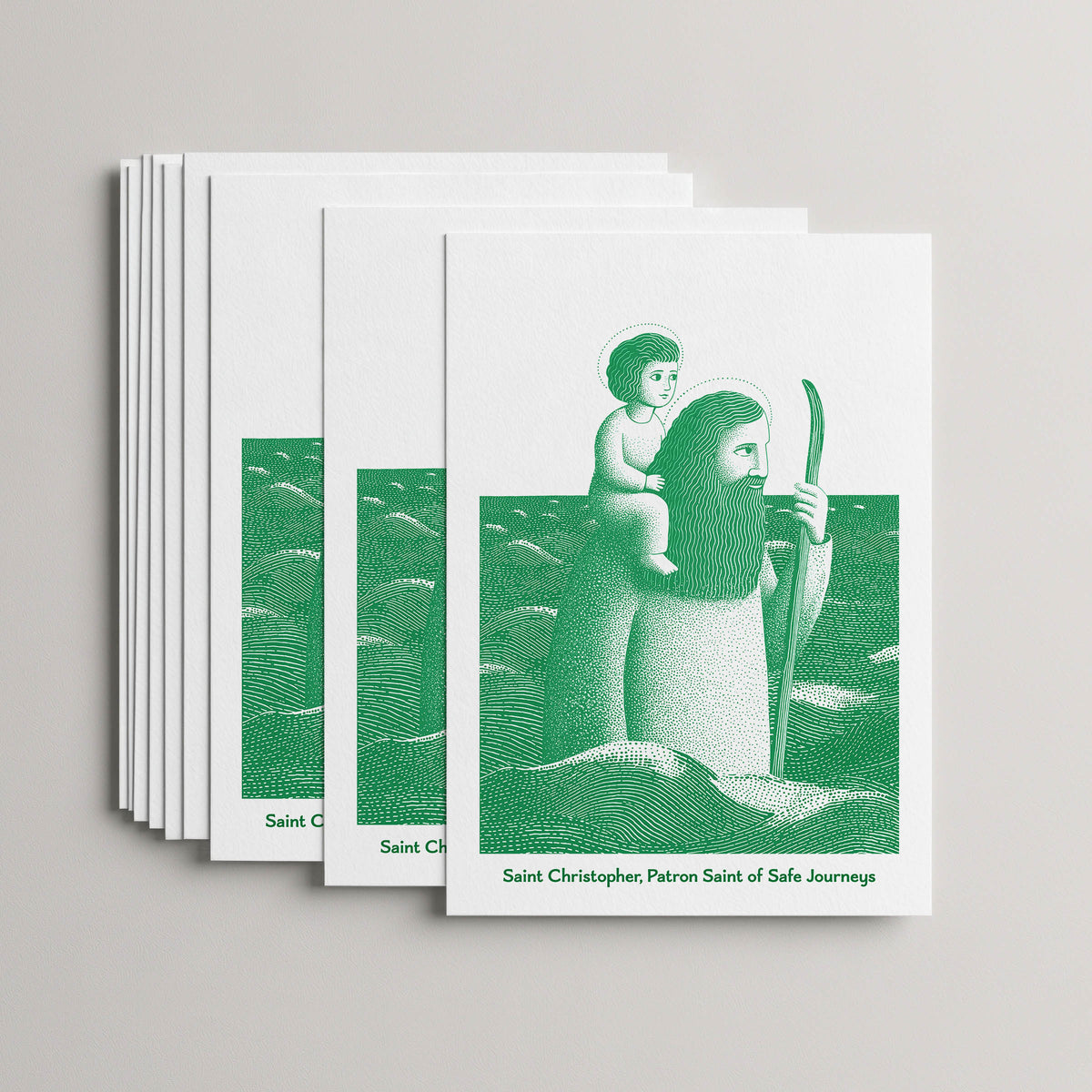 Green St Christopher card set, stack of 10 flat 5 × 7 cards