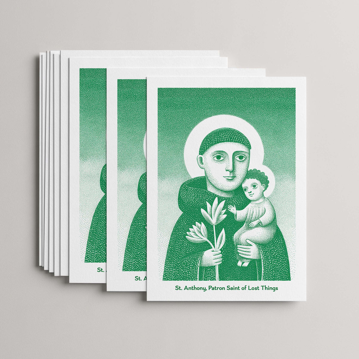 Green St Anthony card set, stack of 10 flat 5 × 7 cards with the Child Jesus