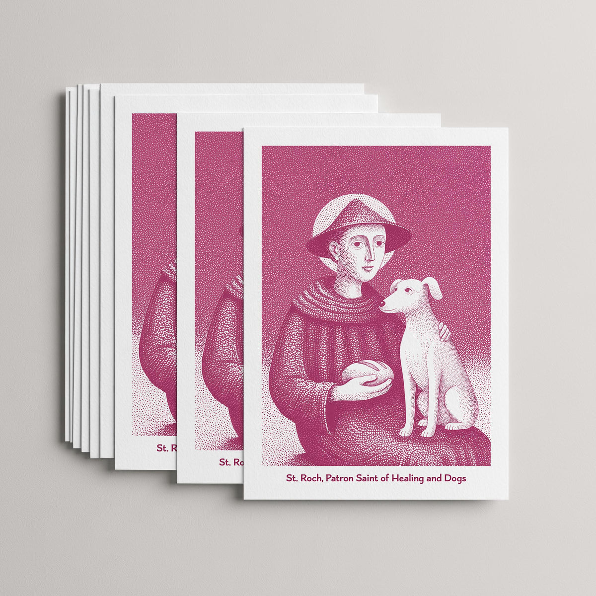 Pink St Roch card set, stack of 10 flat 5 × 7 cards
