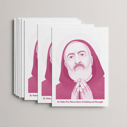 Pink St Padre Pio card set, stack of 10 flat 5 × 7 cards