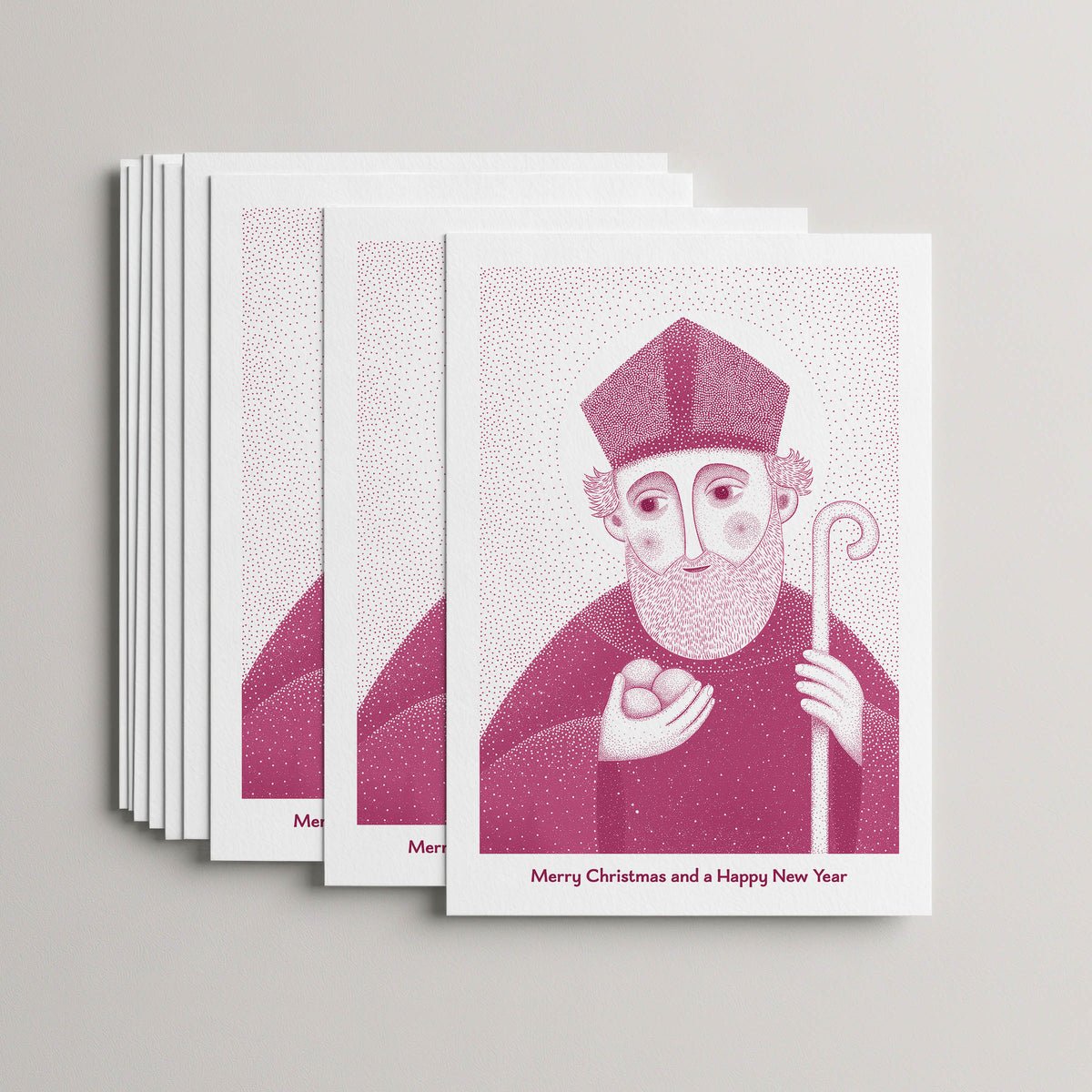 Pink St Nicholas of Myra Christmas card set, stack of 10 flat 5 × 7 cards