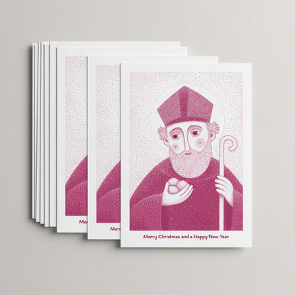 Pink St Nicholas of Myra Christmas card set, stack of 10 flat 5 × 7 cards