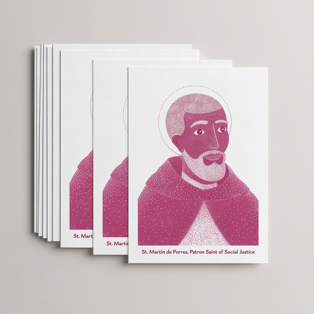 Pink St Martin de Porres card set, stack of 10 flat 5 × 7 cards