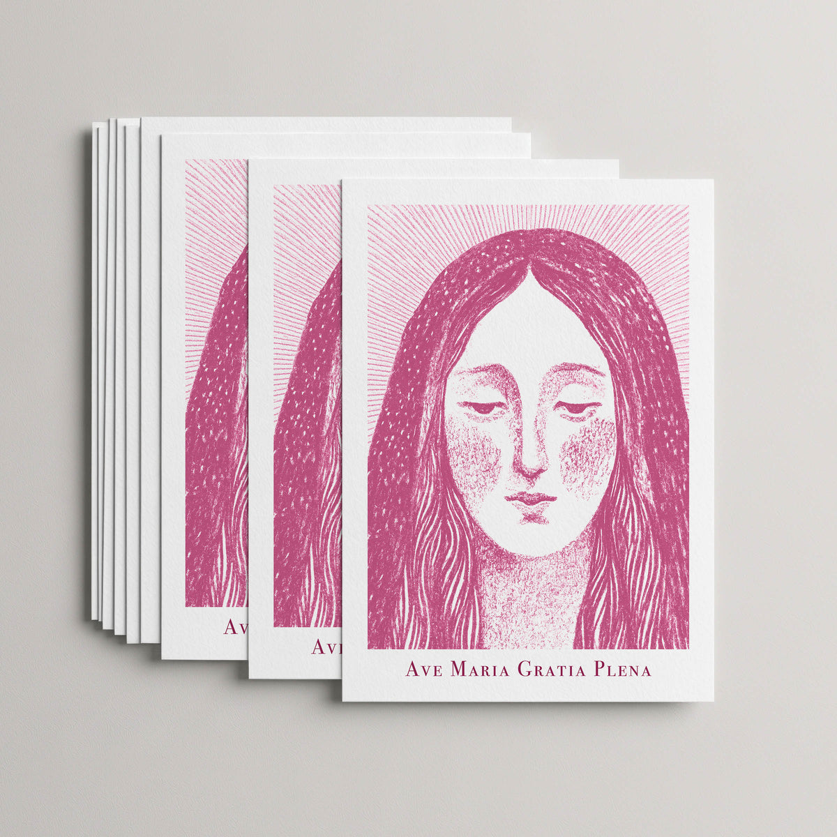 Pink Virgin Mary card set, stack of 10 flat 5 × 7 cards