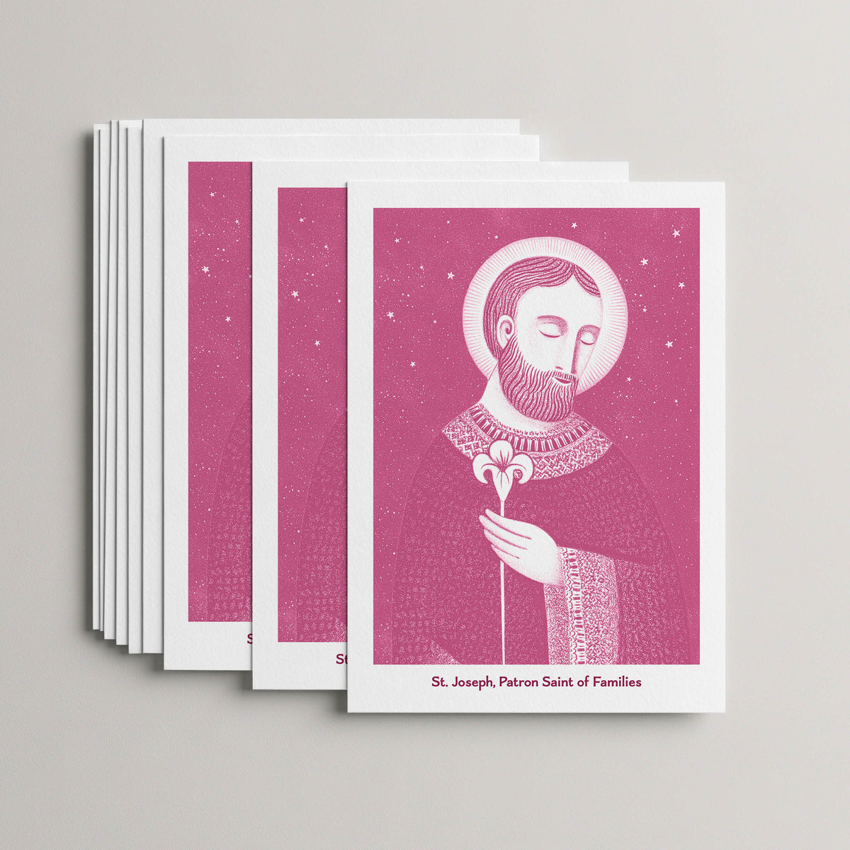 Pink St Joseph card set, stack of 10 flat 5 × 7 cards