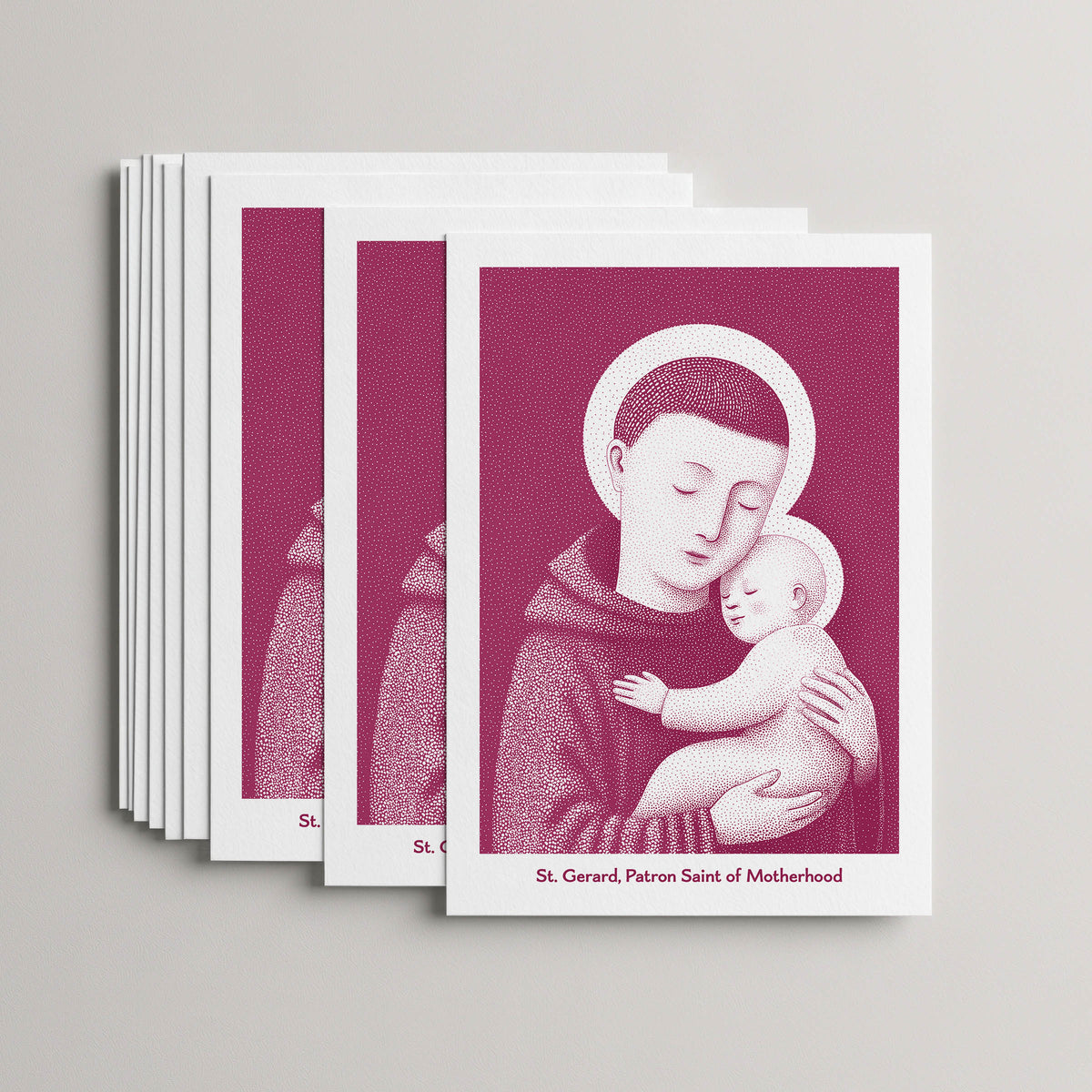 Pink St Gerard Majella card set, stack of 10 flat 5 × 7 cards