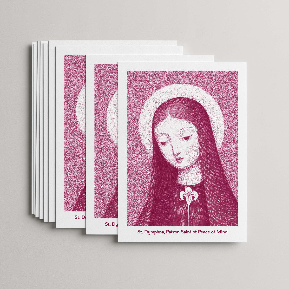 Pink St Dymphna card set, stack of 10 flat 5 × 7 cards