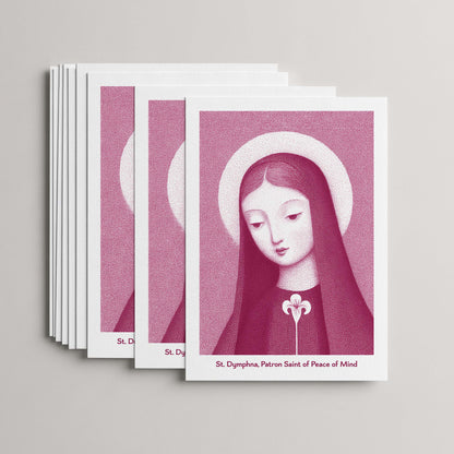 Pink St Dymphna card set, stack of 10 flat 5 × 7 cards