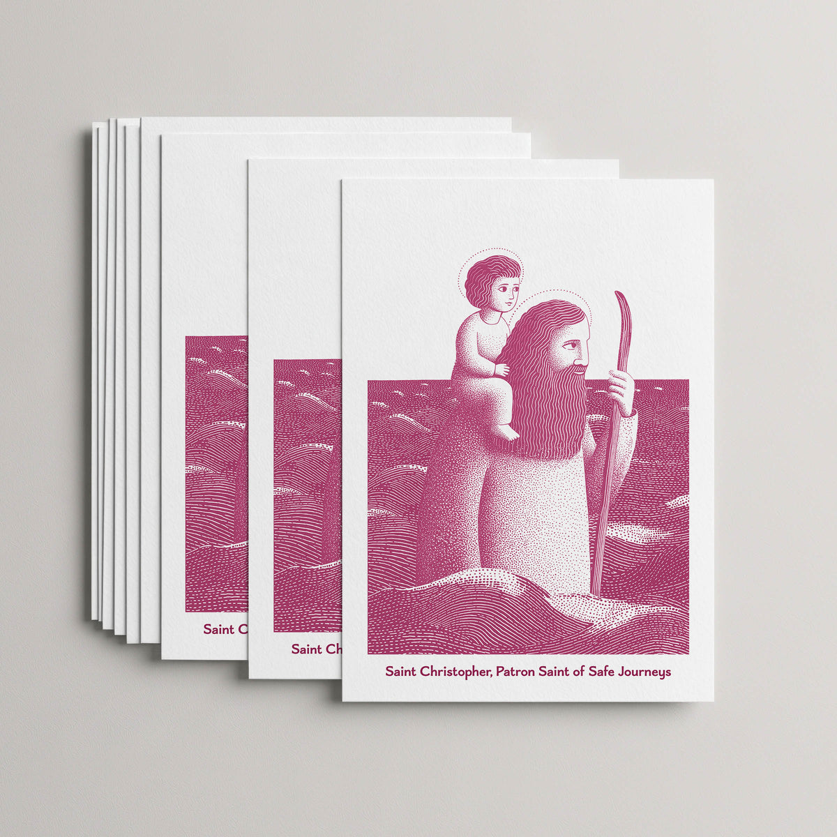 Pink St Christopher card set, stack of 10 flat 5 × 7 cards