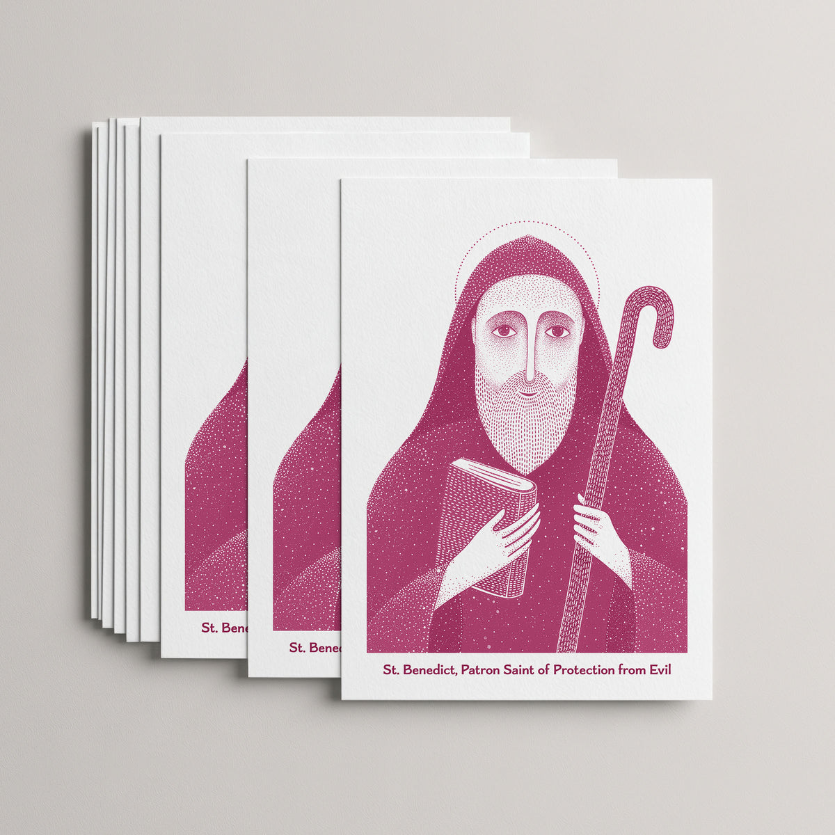 Pink St Benedict card set, stack of 10 flat 5 × 7 cards