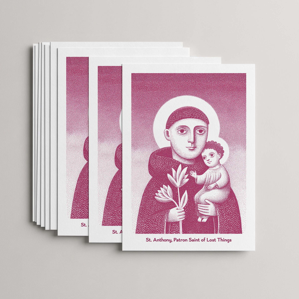 Pink St Anthony card set, stack of 10 flat 5 × 7 cards with the Child Jesus