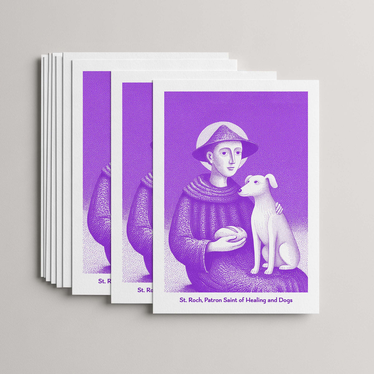 Purple St Roch card set, stack of 10 flat 5 × 7 cards
